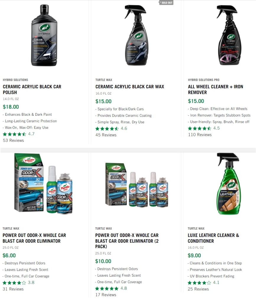 Turtle Wax — магазин средств для ухода за автомобилями.История бренда Turtle Wax началась в 1946 году, когда был разработан жидкий воск для автомобилей. Это был настоящий прорыв в средствах для полировки лакокрасочного покрытия. До этого автомобилисты использовали твердый воск, который нужно было растирать вручную. А жидкий воск Turtle Wax позволил легко и быстро натирать кузов.Успех вдохновил на разработку целой линейки средств по уходу за автомобилем. Вскоре в ассортименте появились очистители, полироли, составы для защиты резины и пластика. Качество продукции Turtle Wax быстро снискали популярность среди американских автолюбителей.Сегодня, спустя более 75 лет, Turtle Wax остается лучшим на рынке США. Автокосметика Turtle Wax